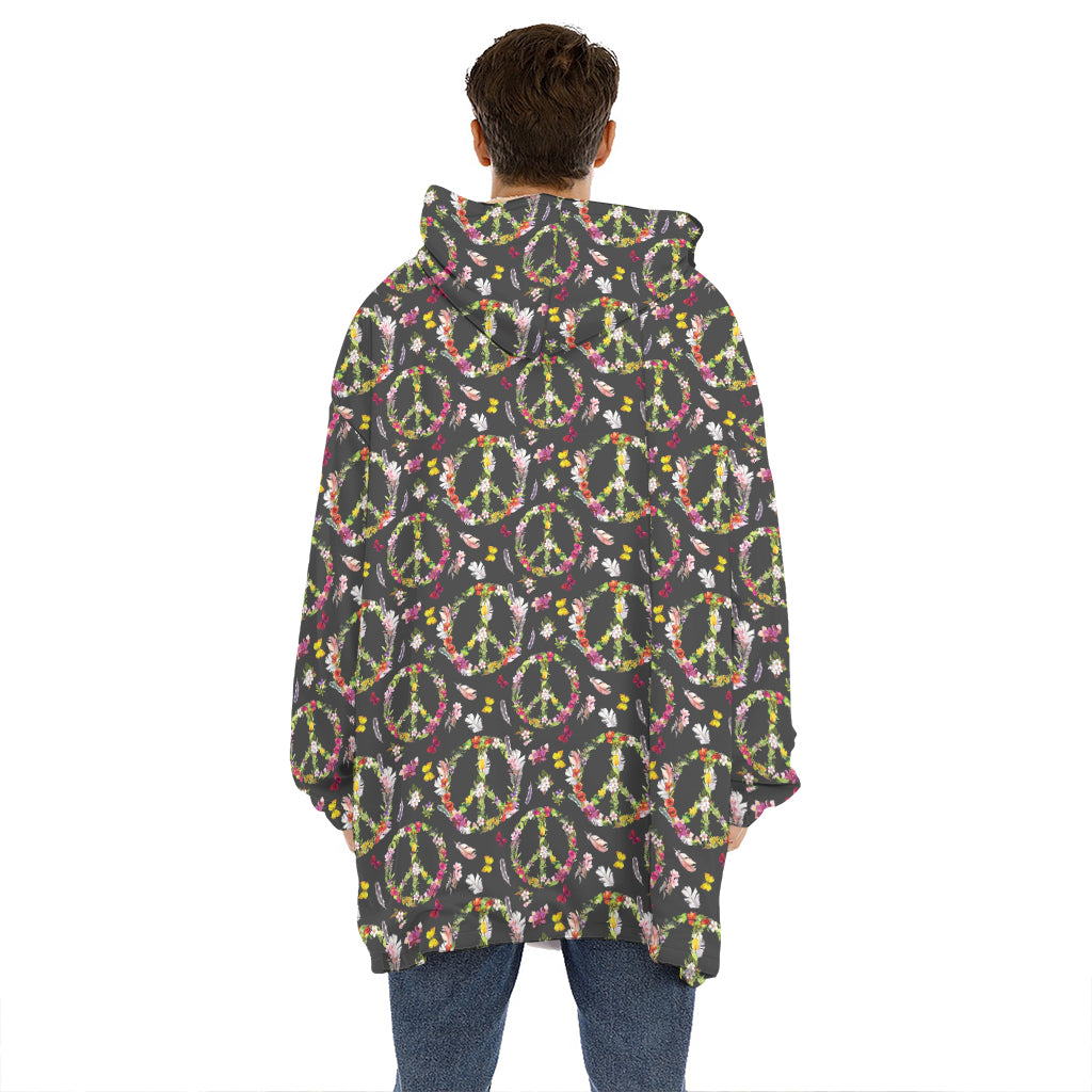 Hippie Peace Sign Flower Pattern Print Hoodie Blanket