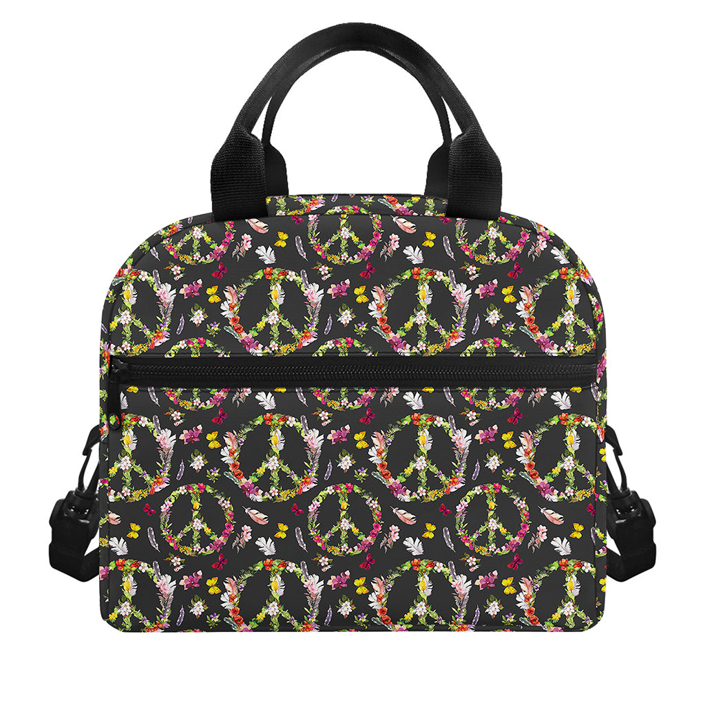 Hippie Peace Sign Flower Pattern Print Insulated Lunch Bag