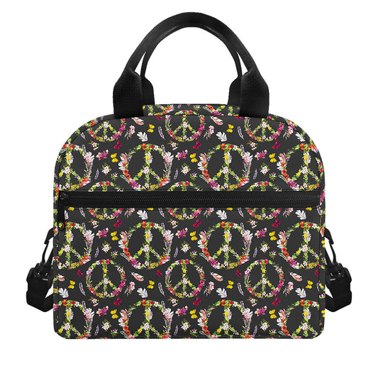 Hippie Peace Sign Flower Pattern Print Insulated Lunch Bag