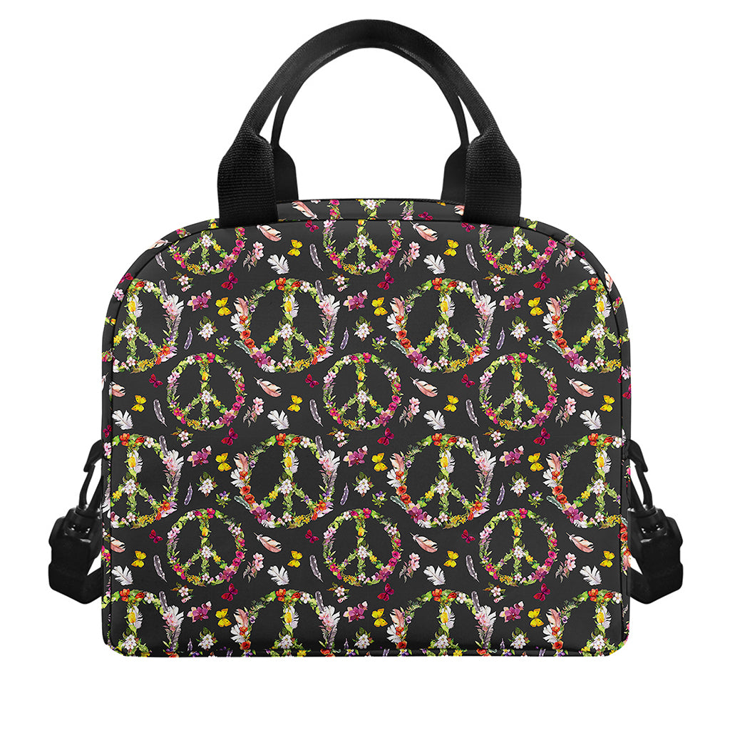 Hippie Peace Sign Flower Pattern Print Insulated Lunch Bag