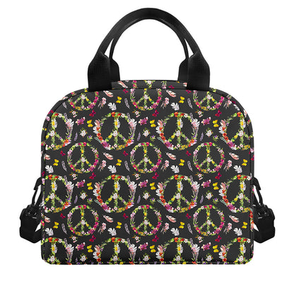 Hippie Peace Sign Flower Pattern Print Insulated Lunch Bag