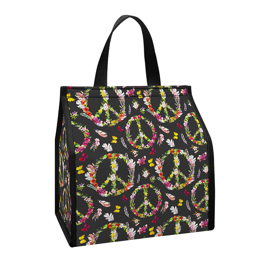 Hippie Peace Sign Flower Pattern Print Insulated Lunch Tote
