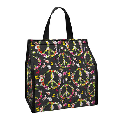 Hippie Peace Sign Flower Pattern Print Insulated Lunch Tote