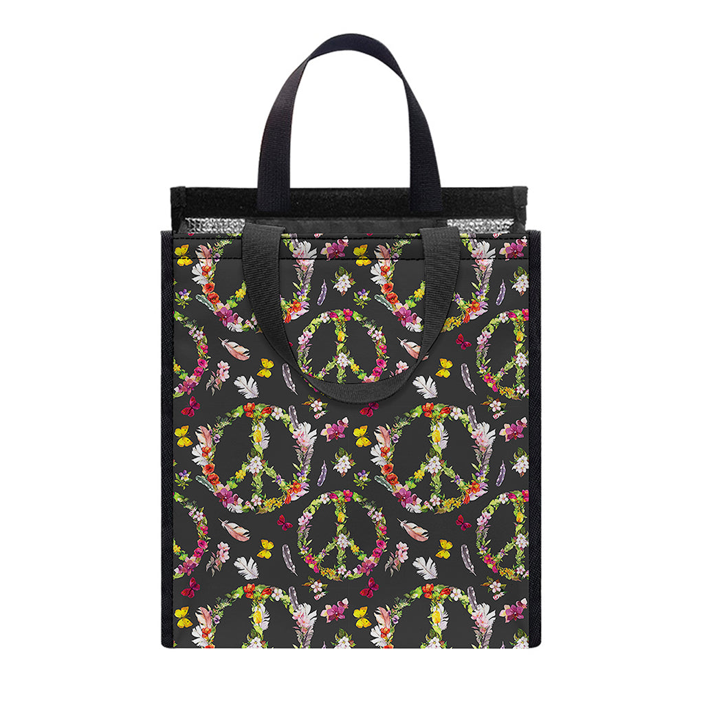 Hippie Peace Sign Flower Pattern Print Insulated Lunch Tote