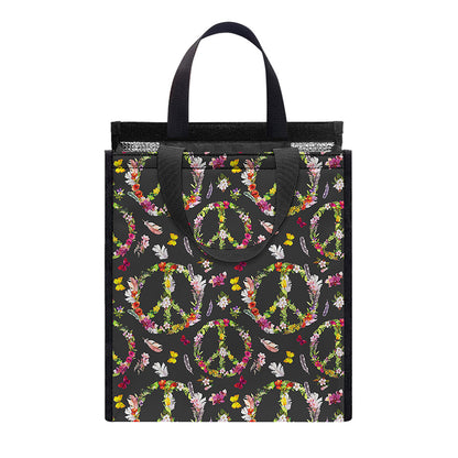 Hippie Peace Sign Flower Pattern Print Insulated Lunch Tote
