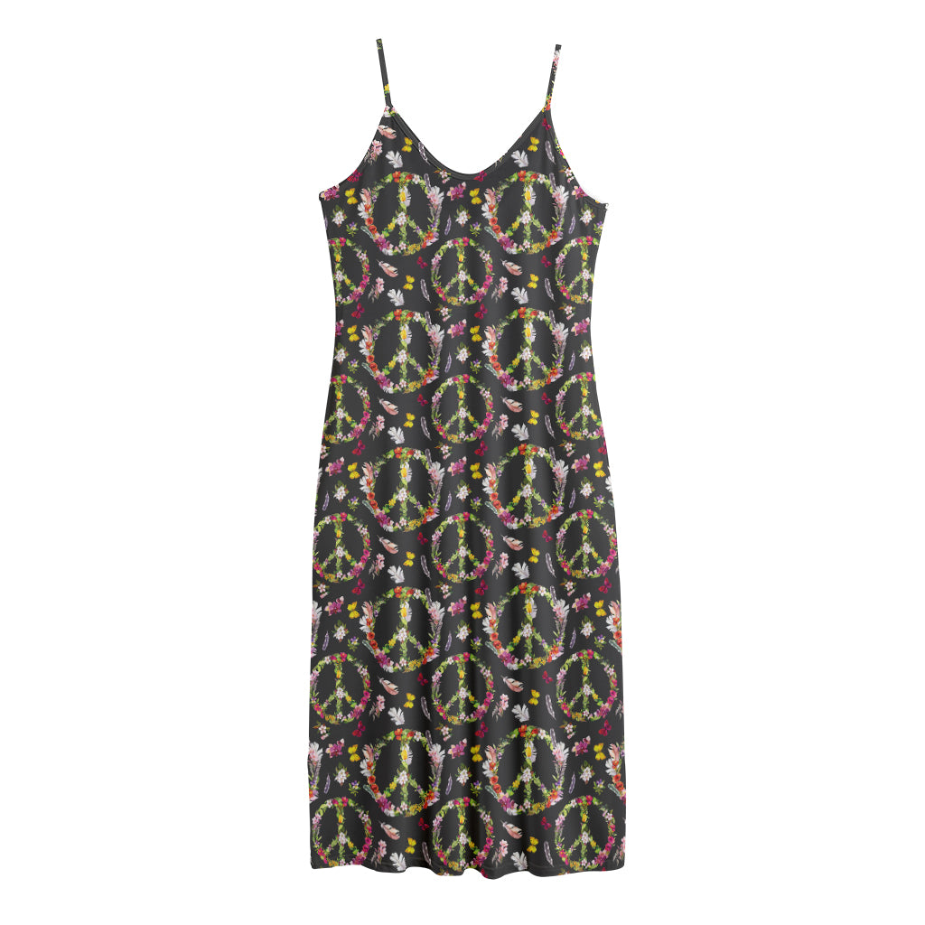 Hippie Peace Sign Flower Pattern Print Jersey Midi Cami Dress