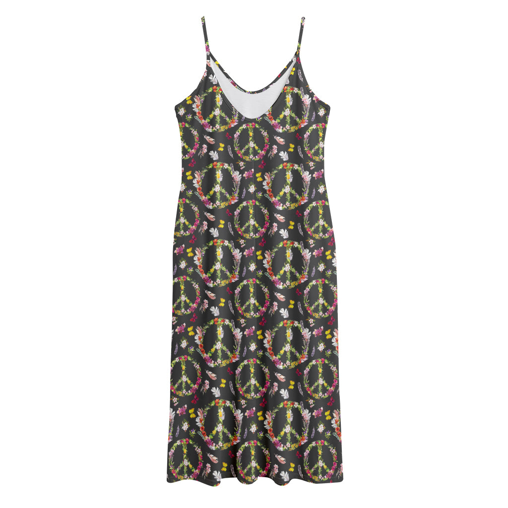 Hippie Peace Sign Flower Pattern Print Jersey Midi Cami Dress