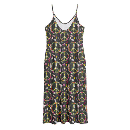 Hippie Peace Sign Flower Pattern Print Jersey Midi Cami Dress