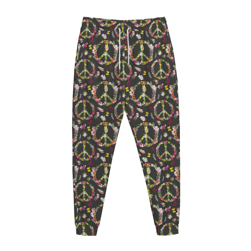 Hippie Peace Sign Flower Pattern Print Jogger Pants