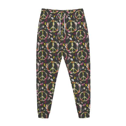 Hippie Peace Sign Flower Pattern Print Jogger Pants