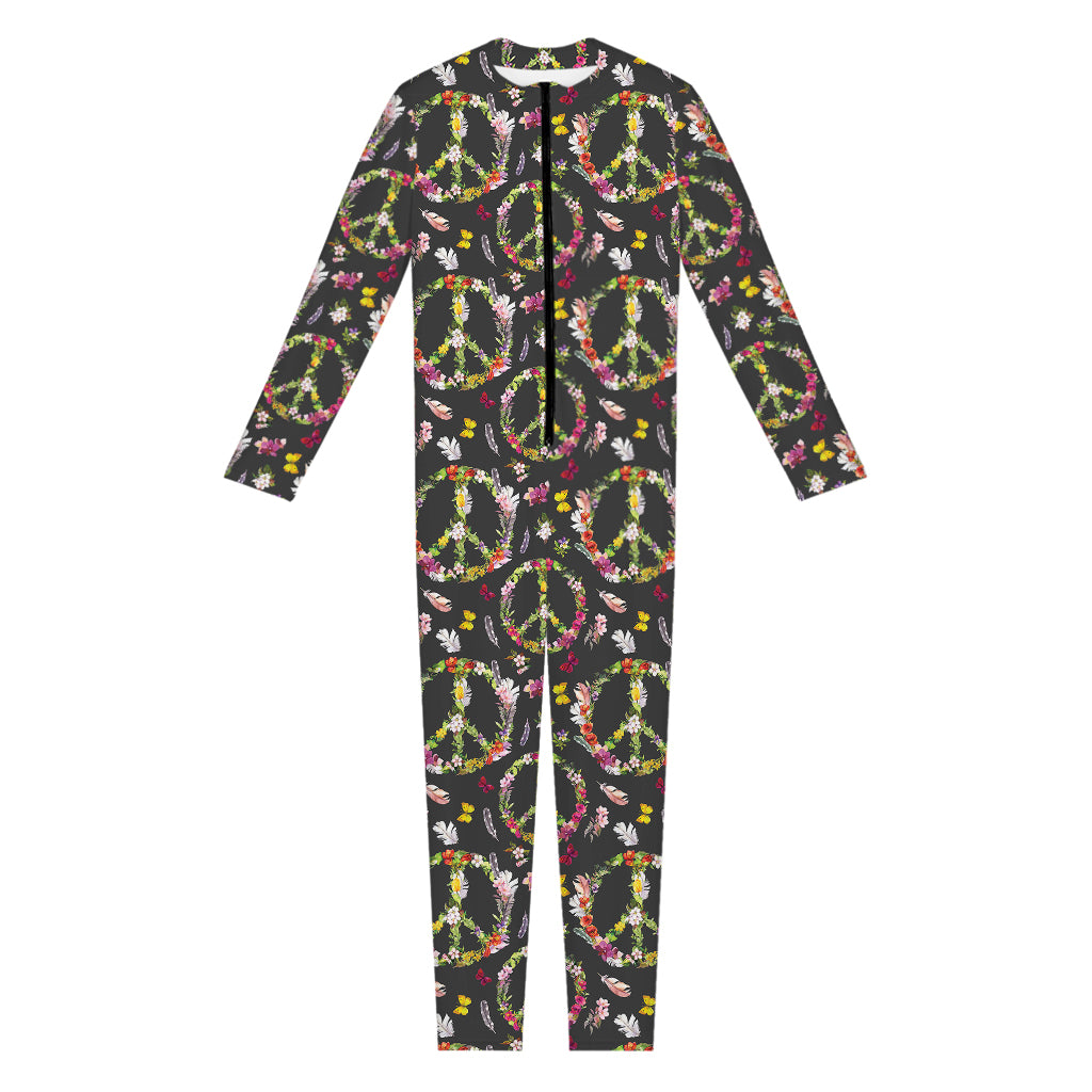 Hippie Peace Sign Flower Pattern Print Jumpsuit