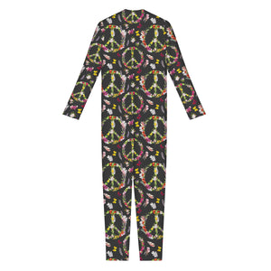 Hippie Peace Sign Flower Pattern Print Jumpsuit