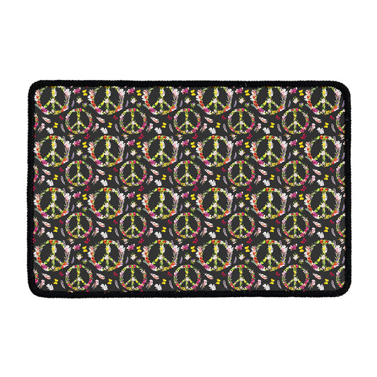 Hippie Peace Sign Flower Pattern Print Kitchen Mat