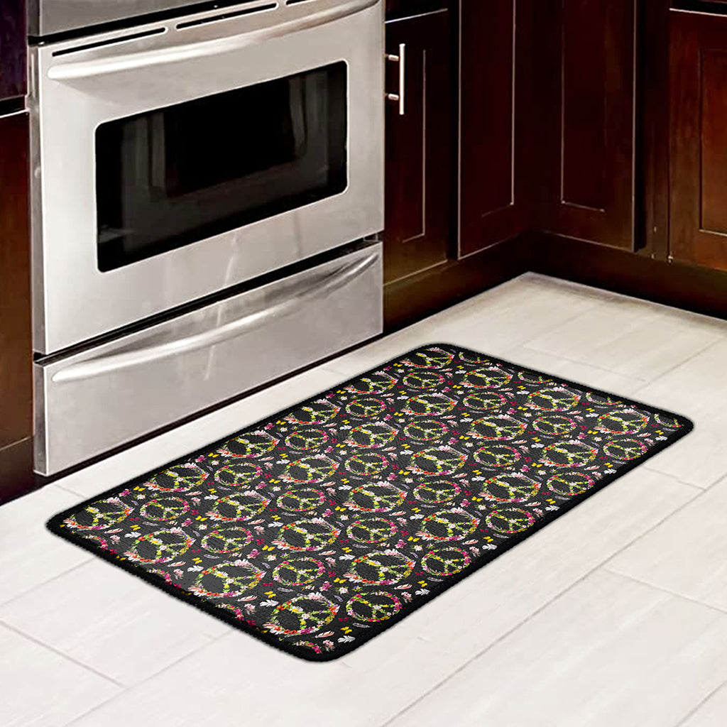 Hippie Peace Sign Flower Pattern Print Kitchen Mat