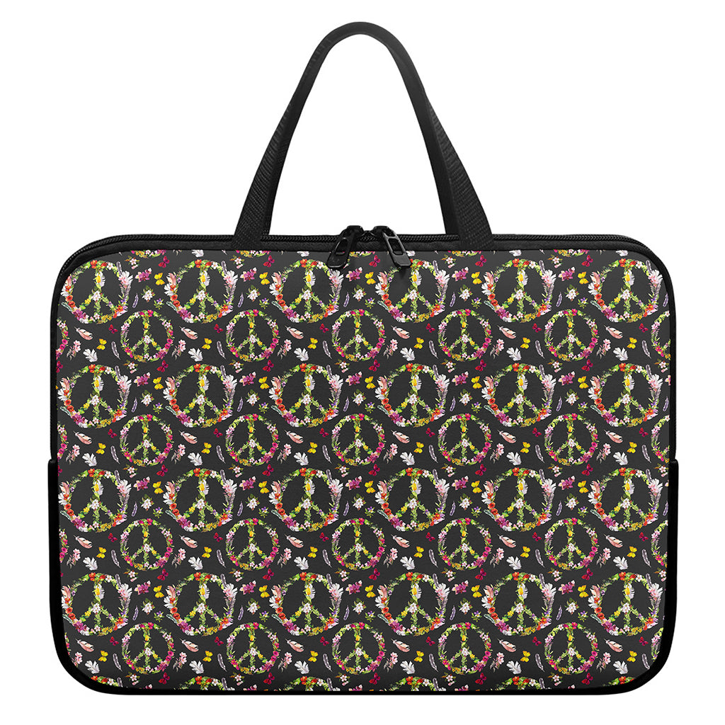 Hippie Peace Sign Flower Pattern Print Laptop Sleeve With Handle