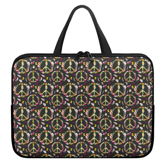 Hippie Peace Sign Flower Pattern Print Laptop Sleeve With Handle