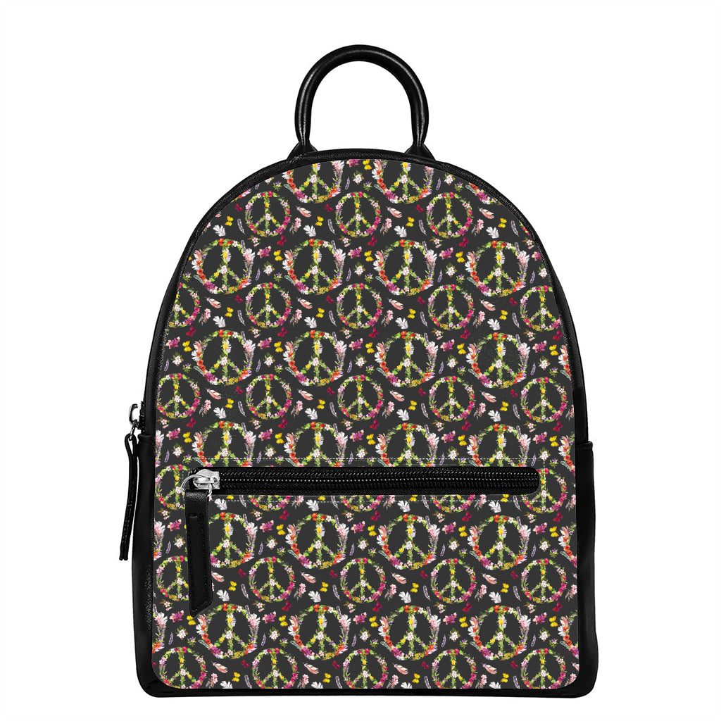 Hippie Peace Sign Flower Pattern Print Leather Backpack