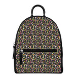 Hippie Peace Sign Flower Pattern Print Leather Backpack