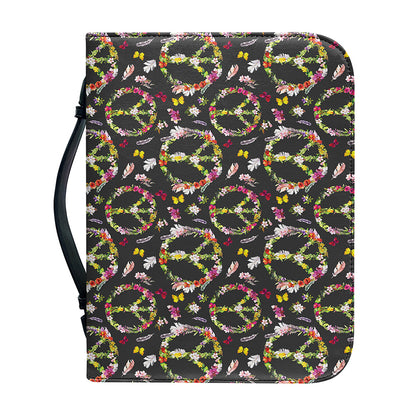 Hippie Peace Sign Flower Pattern Print Leather Bible Cover