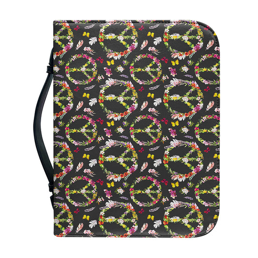 Hippie Peace Sign Flower Pattern Print Leather Bible Cover