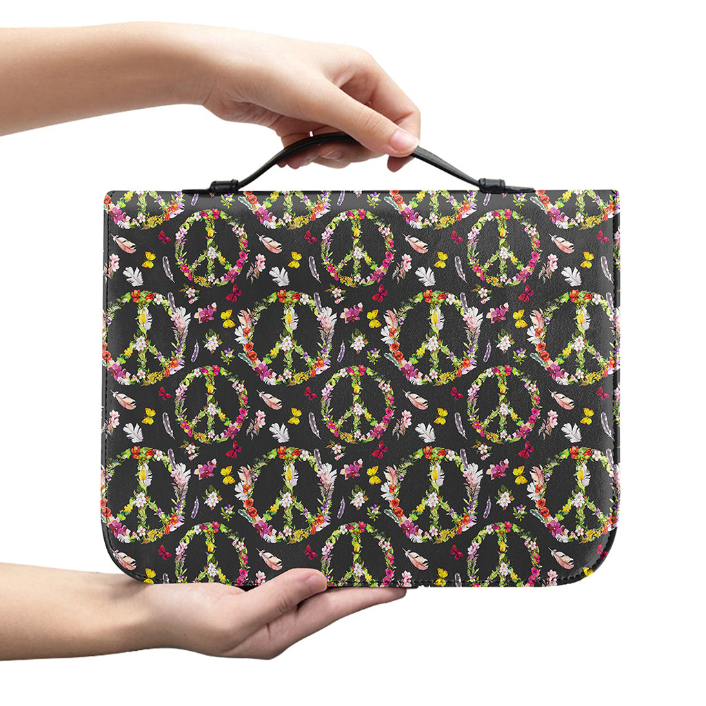 Hippie Peace Sign Flower Pattern Print Leather Bible Cover