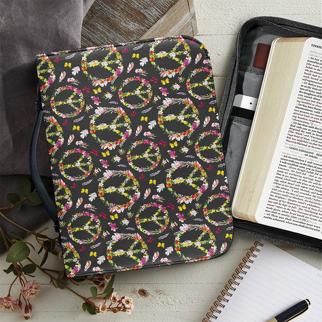 Hippie Peace Sign Flower Pattern Print Leather Bible Cover