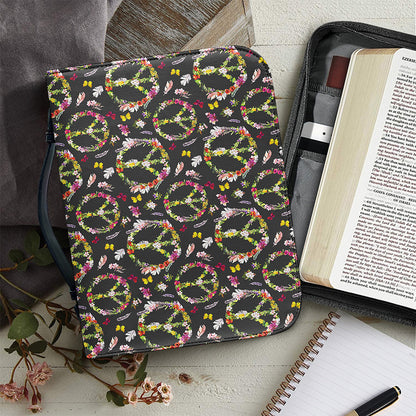 Hippie Peace Sign Flower Pattern Print Leather Bible Cover