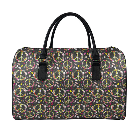 Hippie Peace Sign Flower Pattern Print Leather Duffle Bag