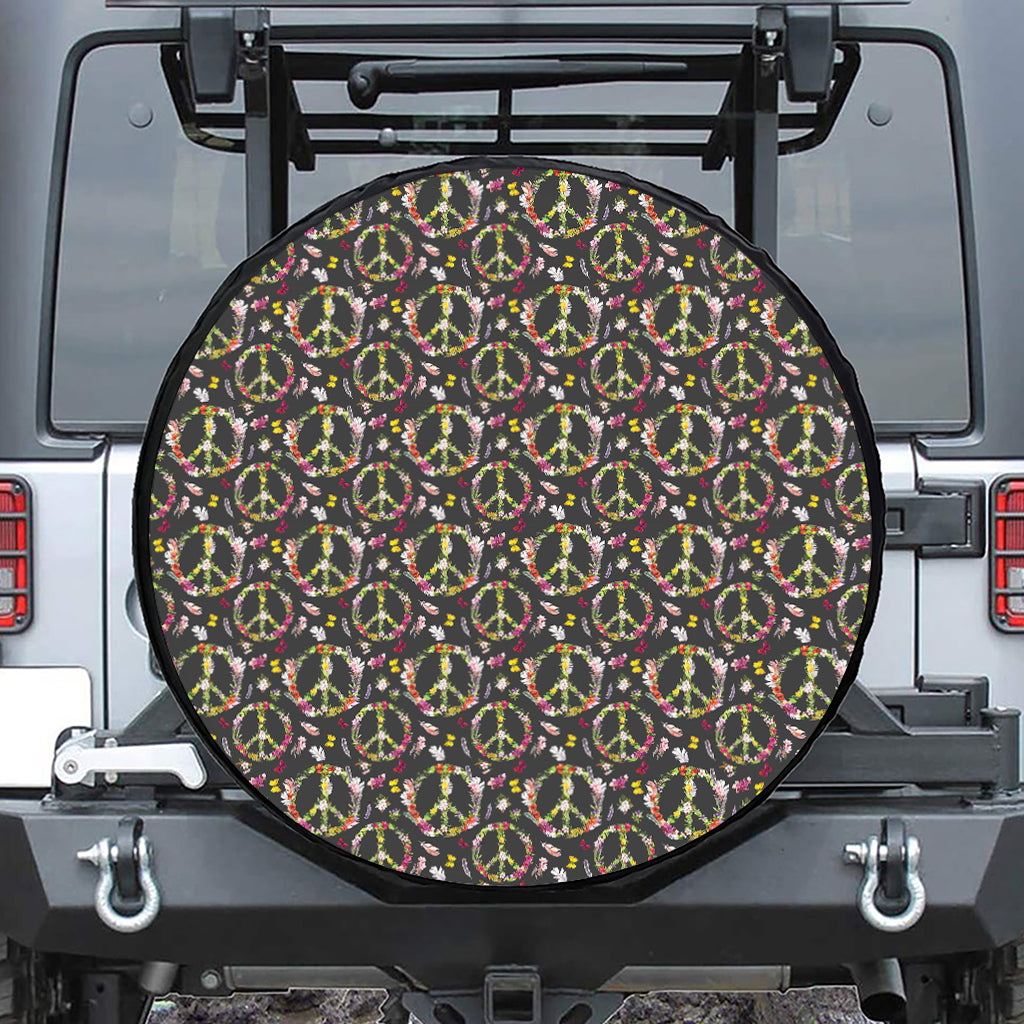 Hippie Peace Sign Flower Pattern Print Leather Spare Tire Cover