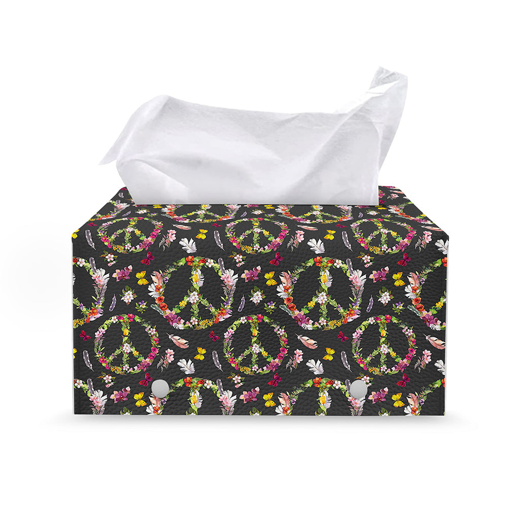 Hippie Peace Sign Flower Pattern Print Leather Tissue Box Cover