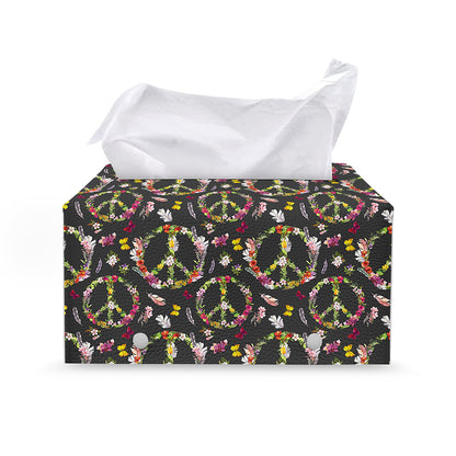 Hippie Peace Sign Flower Pattern Print Leather Tissue Box Cover