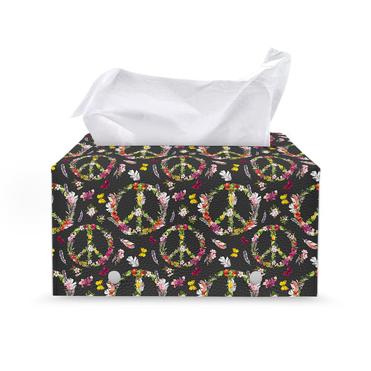 Hippie Peace Sign Flower Pattern Print Leather Tissue Box Cover