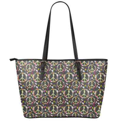 Hippie Peace Sign Flower Pattern Print Leather Tote Bag
