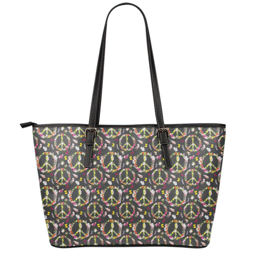 Hippie Peace Sign Flower Pattern Print Leather Tote Bag