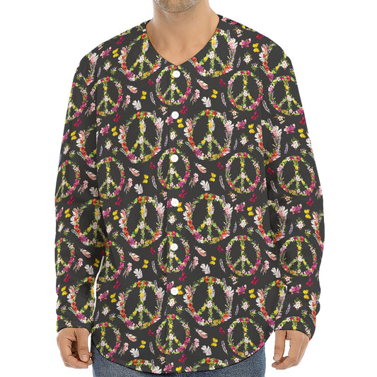 Hippie Peace Sign Flower Pattern Print Long Sleeve Baseball Jersey
