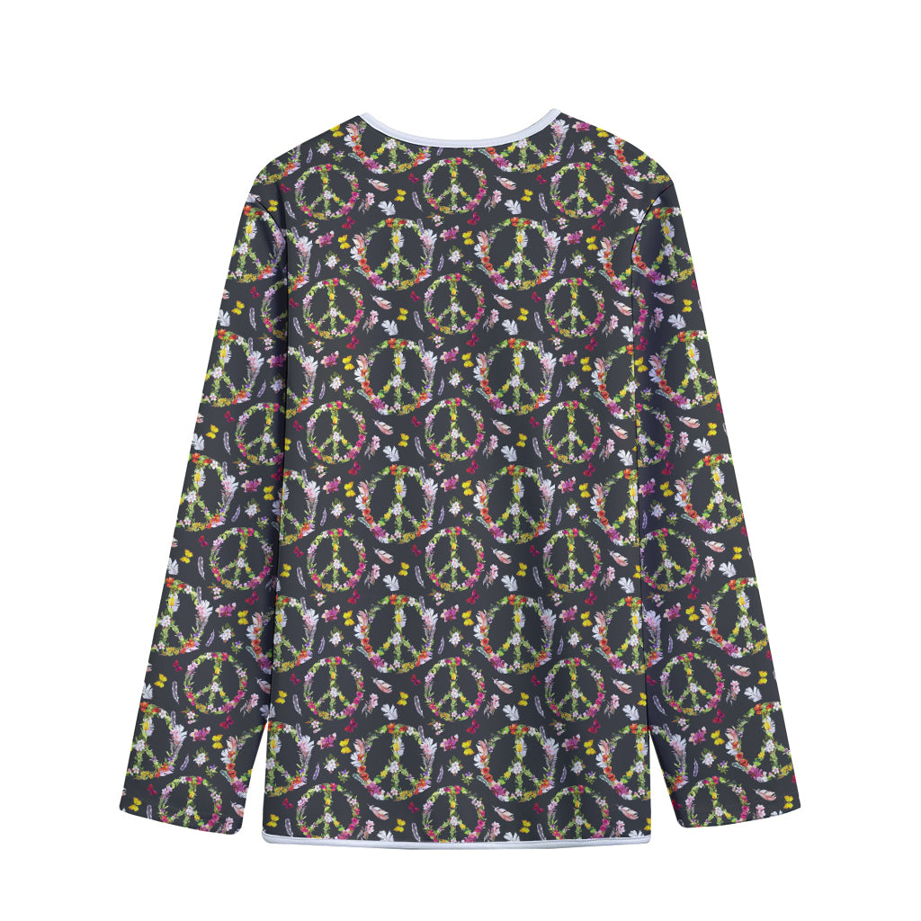 Hippie Peace Sign Flower Pattern Print Long Sleeve Short Coat