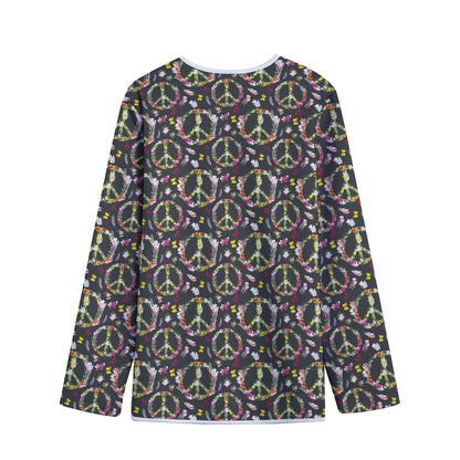 Hippie Peace Sign Flower Pattern Print Long Sleeve Short Coat