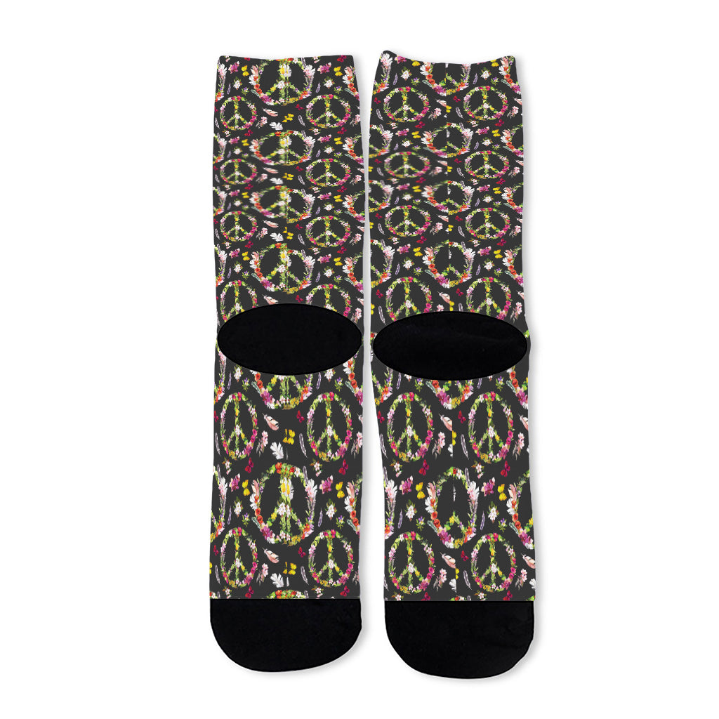 Hippie Peace Sign Flower Pattern Print Long Socks