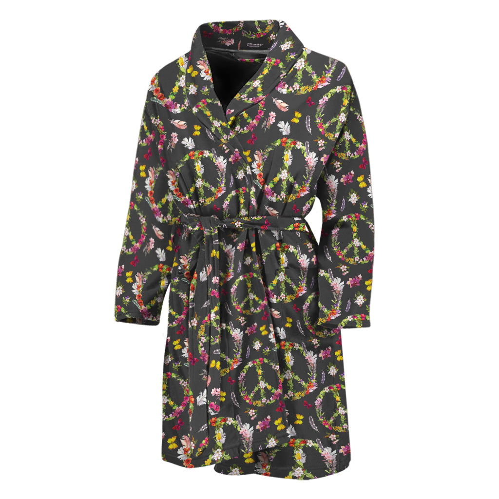 Hippie Peace Sign Flower Pattern Print Men's Bathrobe