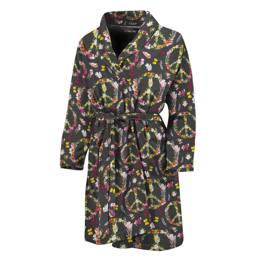 Hippie Peace Sign Flower Pattern Print Men's Bathrobe