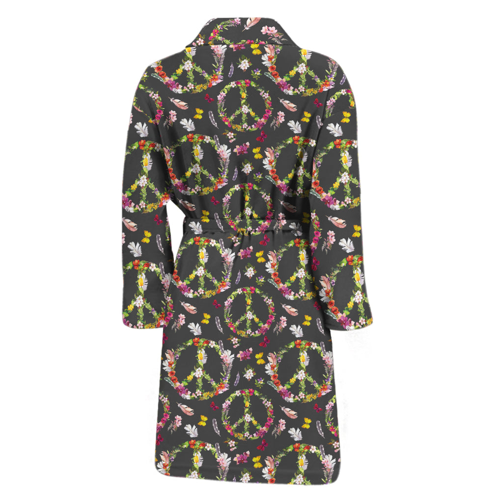 Hippie Peace Sign Flower Pattern Print Men's Bathrobe