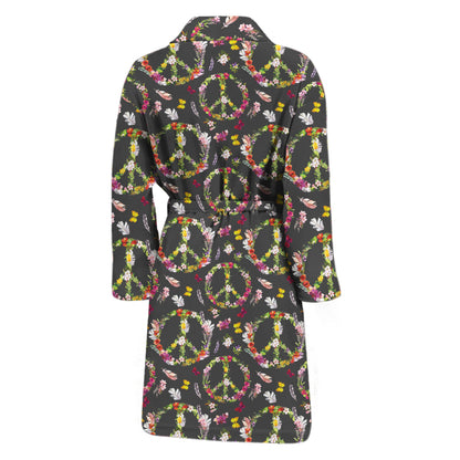 Hippie Peace Sign Flower Pattern Print Men's Bathrobe