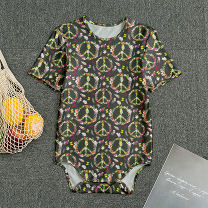 Hippie Peace Sign Flower Pattern Print Men's Bodysuit