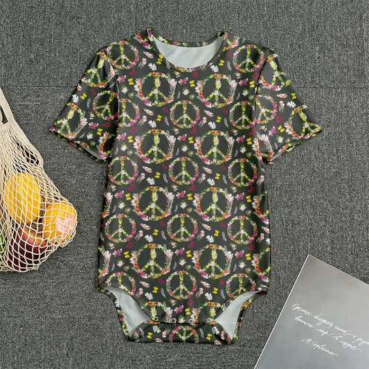 Hippie Peace Sign Flower Pattern Print Men's Bodysuit