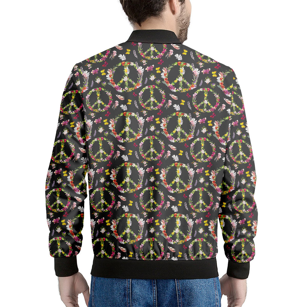 Hippie Peace Sign Flower Pattern Print Men's Bomber Jacket