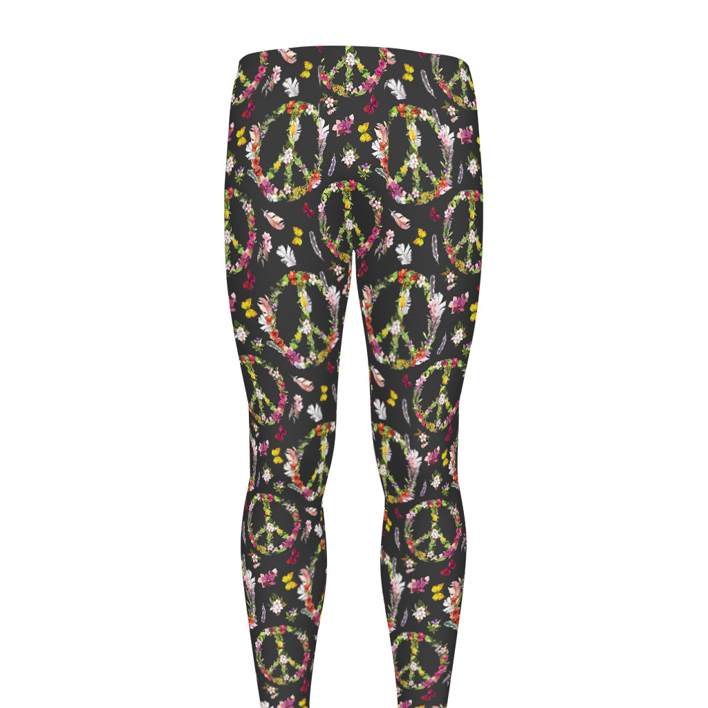 Hippie Peace Sign Flower Pattern Print Men's leggings