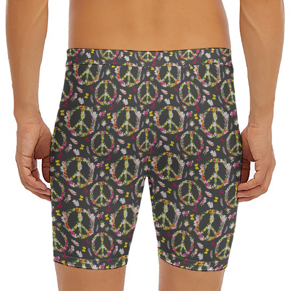 Hippie Peace Sign Flower Pattern Print Men's Long Boxer Briefs