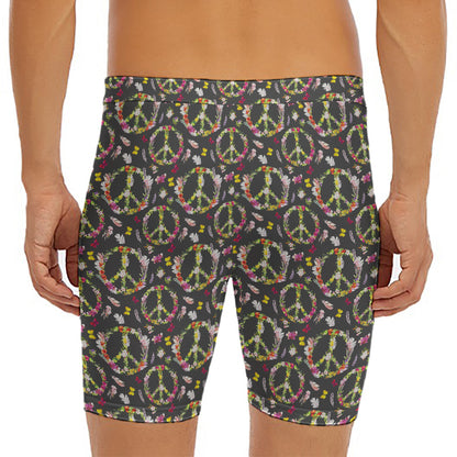 Hippie Peace Sign Flower Pattern Print Men's Long Boxer Briefs