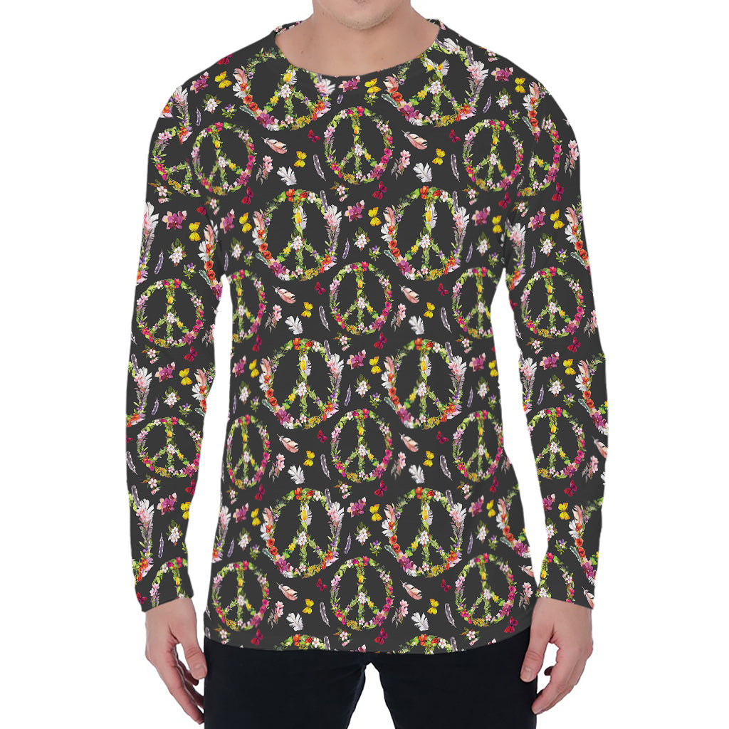 Hippie Peace Sign Flower Pattern Print Men's Long Sleeve T-Shirt