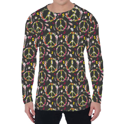 Hippie Peace Sign Flower Pattern Print Men's Long Sleeve T-Shirt